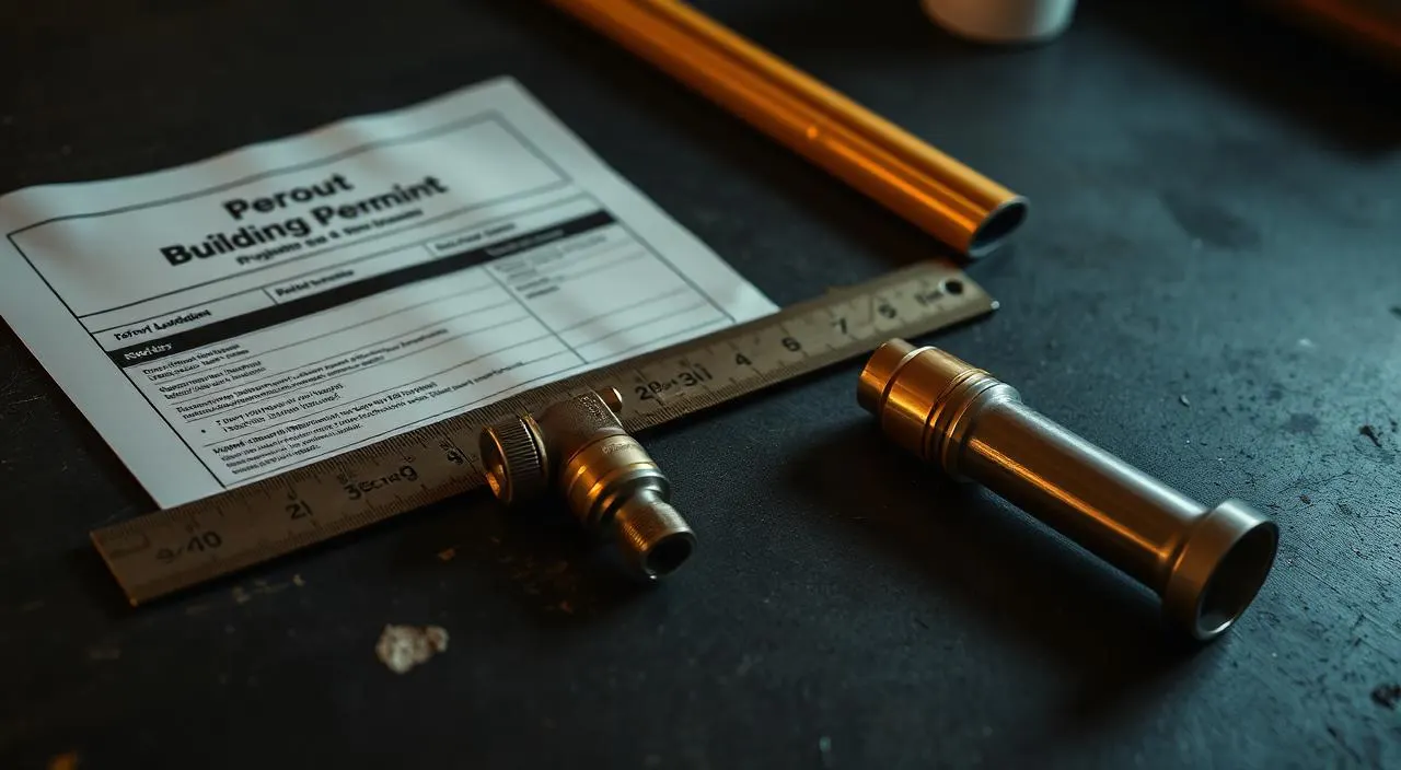 Building permit document with a brass T&P valve and CPVC pipe on a workbench — Albuquerque plumbing codes for water heaters