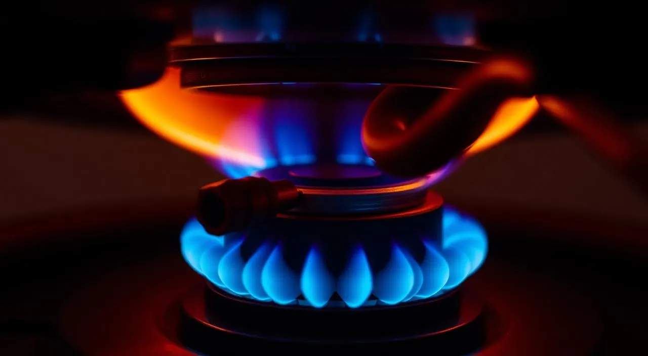 Close-up of a gas water heater pilot flame and thermocouple sensor — pilot light troubleshooting in Albuquerque