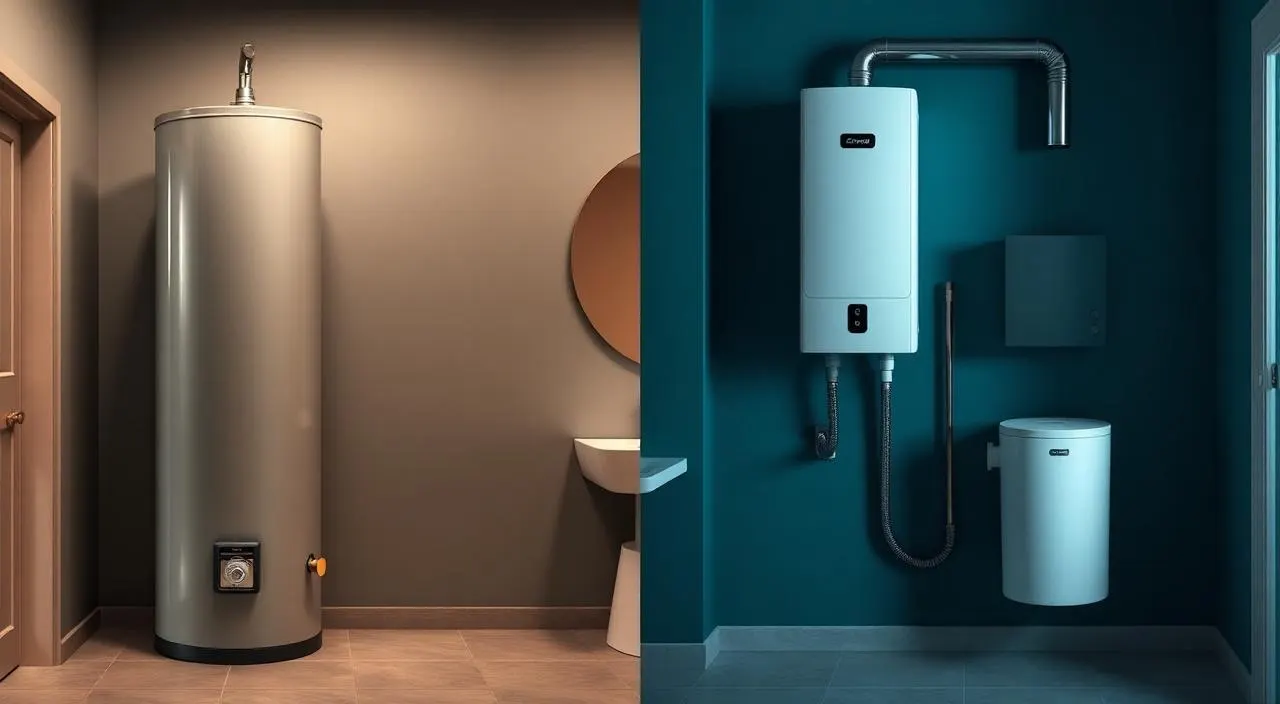 Side-by-side comparison of a traditional tank water heater and a wall-mounted tankless water heater for Albuquerque homes