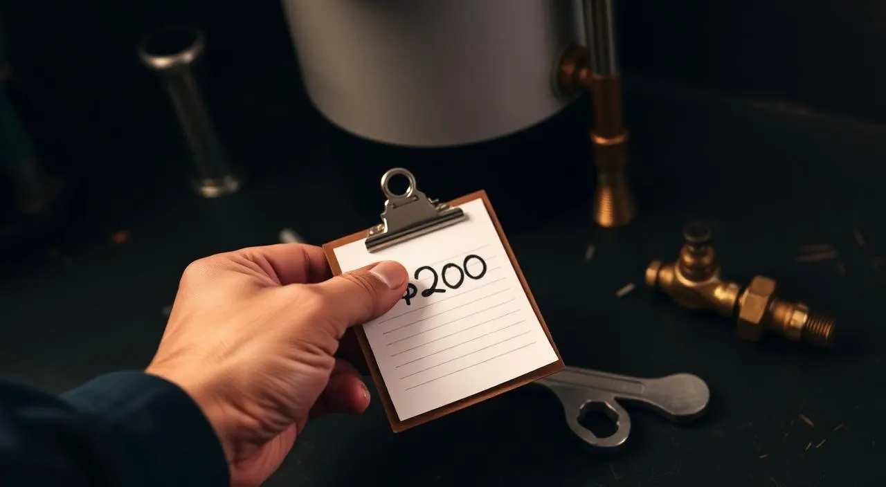 Plumber holding a clipboard estimate next to brass valves and a wrench — water heater repair cost guide for Albuquerque