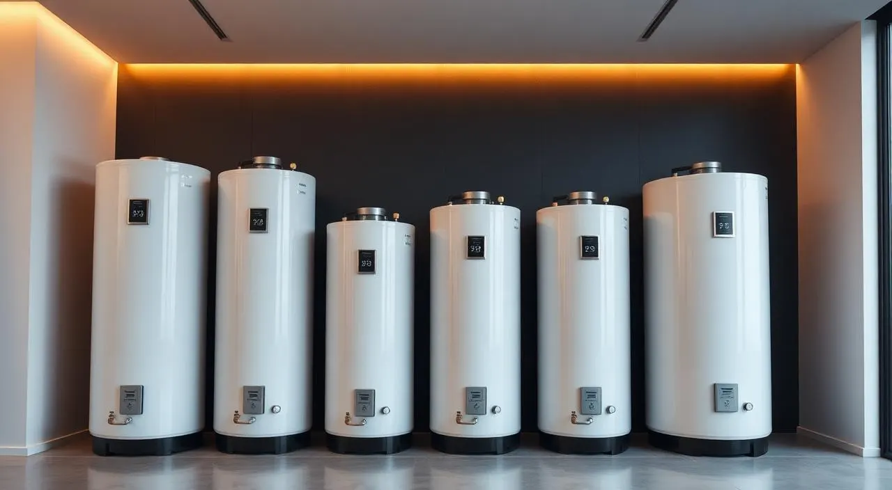 Row of residential water heater tanks in escalating sizes — water heater sizing guide for Albuquerque homes