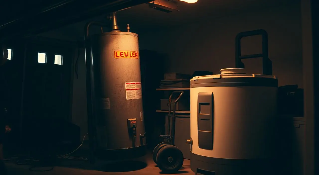 Old water heater being removed beside a new replacement unit in an Albuquerque garage — when to replace your water heater